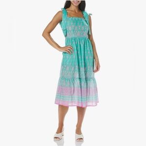Shoshanna Remy Tie Shoulder Smocked Bodice Midi Dress Aqua Pink Size Large NWT